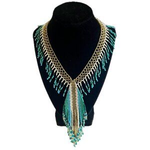 Handmade Jewelry Choker Beaded Necklace Fringe Style Seed Blue Gold Southwest